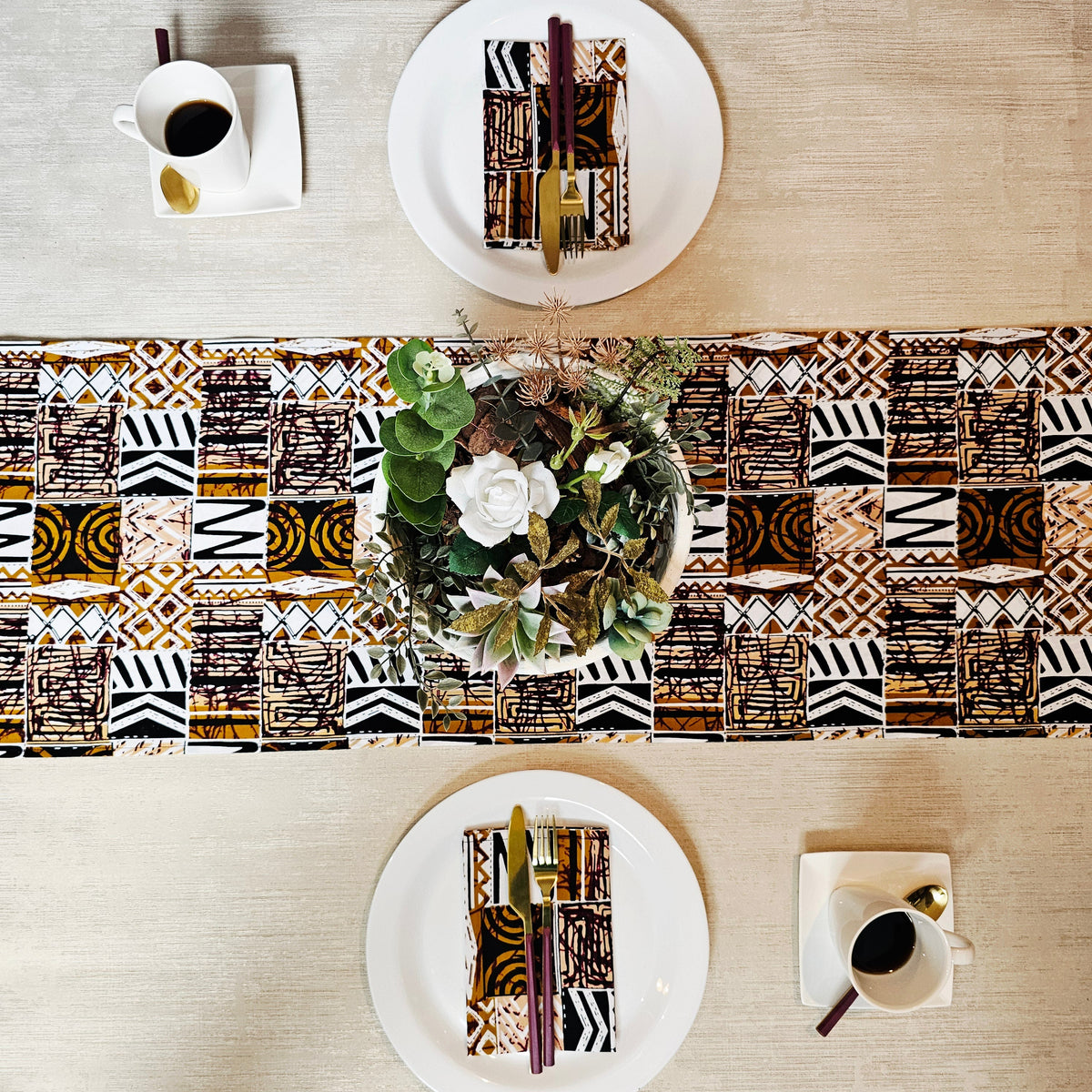 Handmade Table Runner and Set of 8 Napkins | African Print "Mudcloth" Bogolan Inspired Print Made from 100% African Print Fabric-2