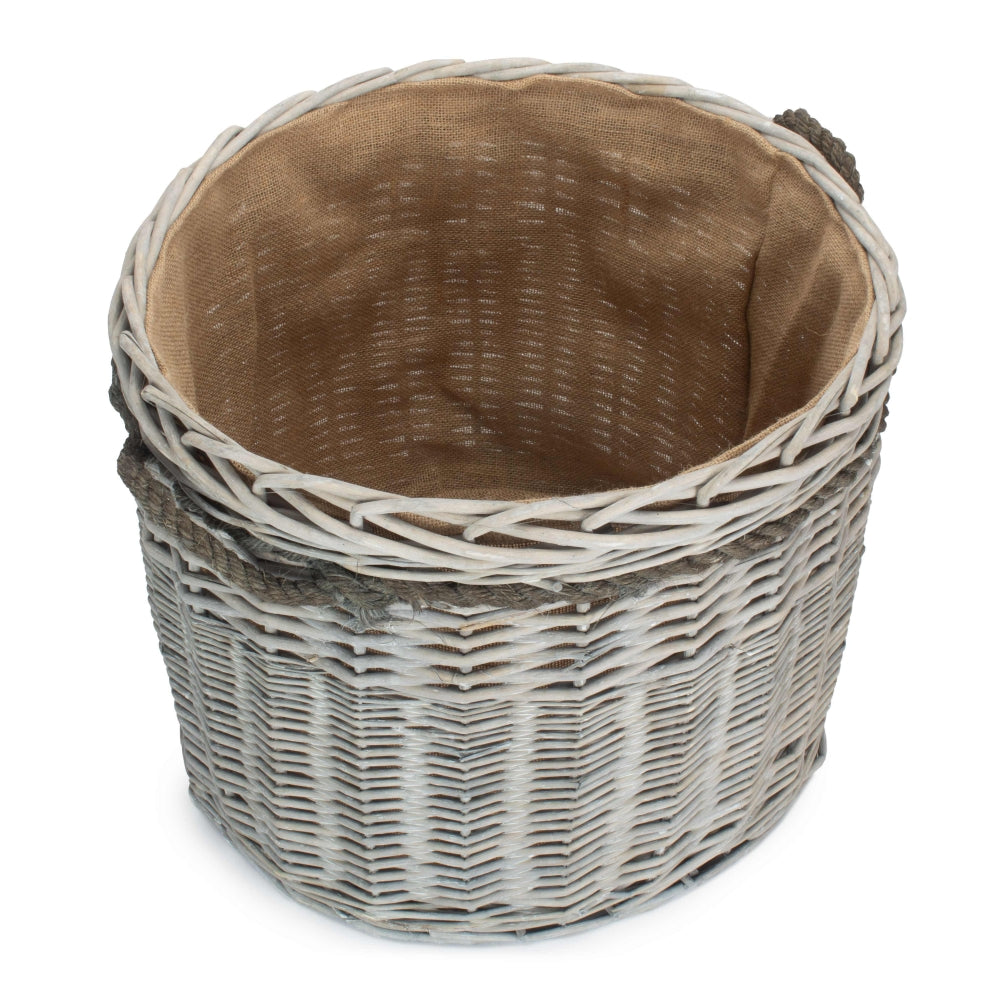 Wicker Grey Wash Round Hessian Lined Log Basket-4