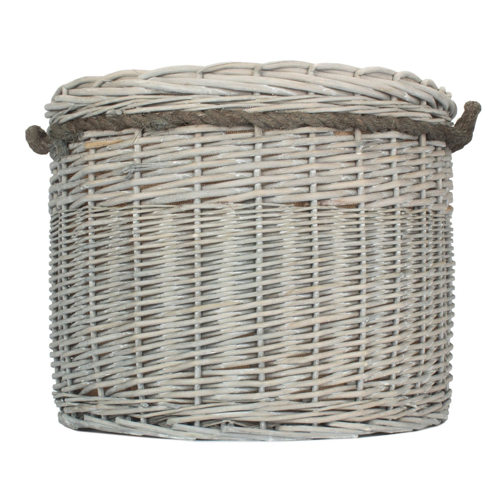 Wicker Grey Wash Round Hessian Lined Log Basket-5