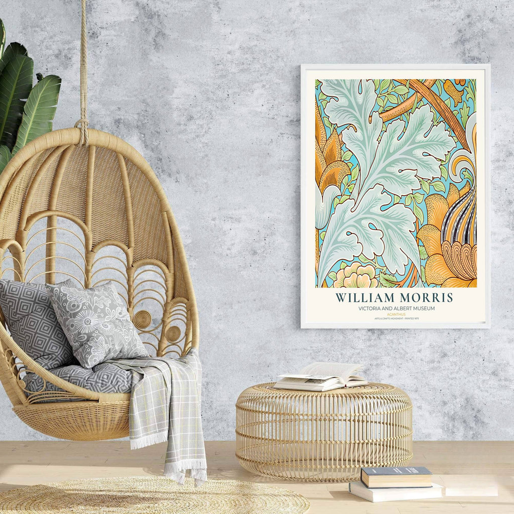 William Morris Acanthus Blue Yellow Leaf Vintage Exhibition Print Framed Art Poster
